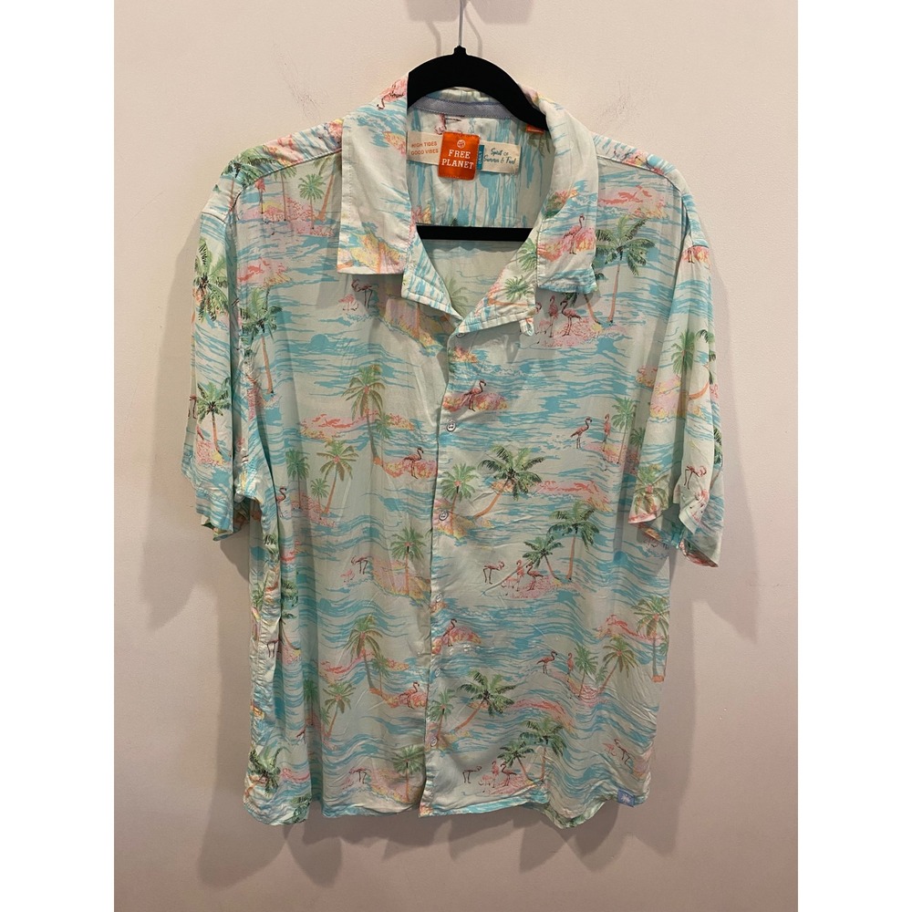 FREE PLANET Mens‎ 2XL Tropical Flamingo Palm Tree Button Up Shirt
